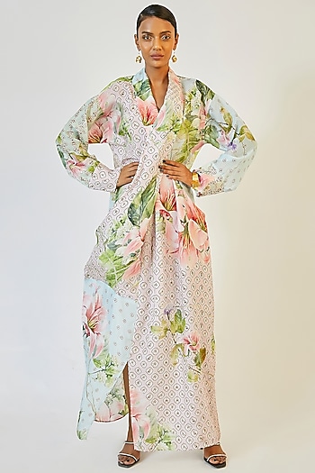 Multi Colored Draped Collar Vacation Dress by Rajdeep Ranawat at Pernia's Pop Up Shop