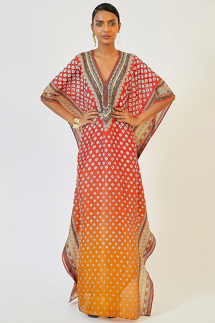 Orange Silk Kaftan by Rajdeep Ranawat