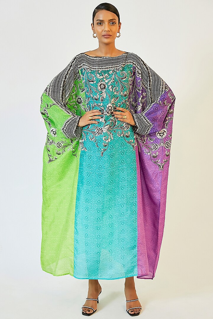 Lime & Purple Printed Kaftan by Rajdeep Ranawat