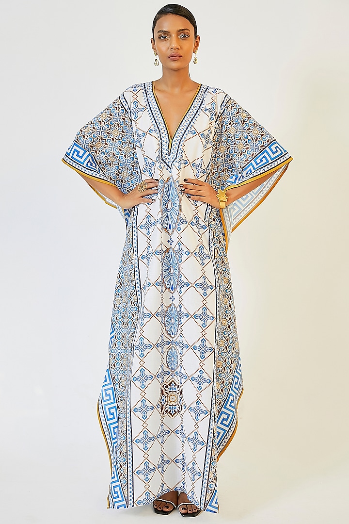 Blue & White Printed Silk Kaftan Design by Rajdeep Ranawat at Pernia's ...