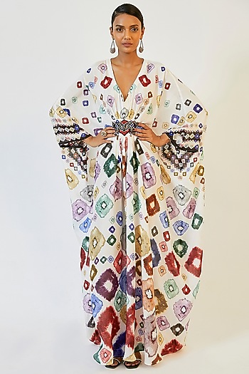 White Printed Kaftan by Rajdeep Ranawat at Pernia's Pop Up Shop