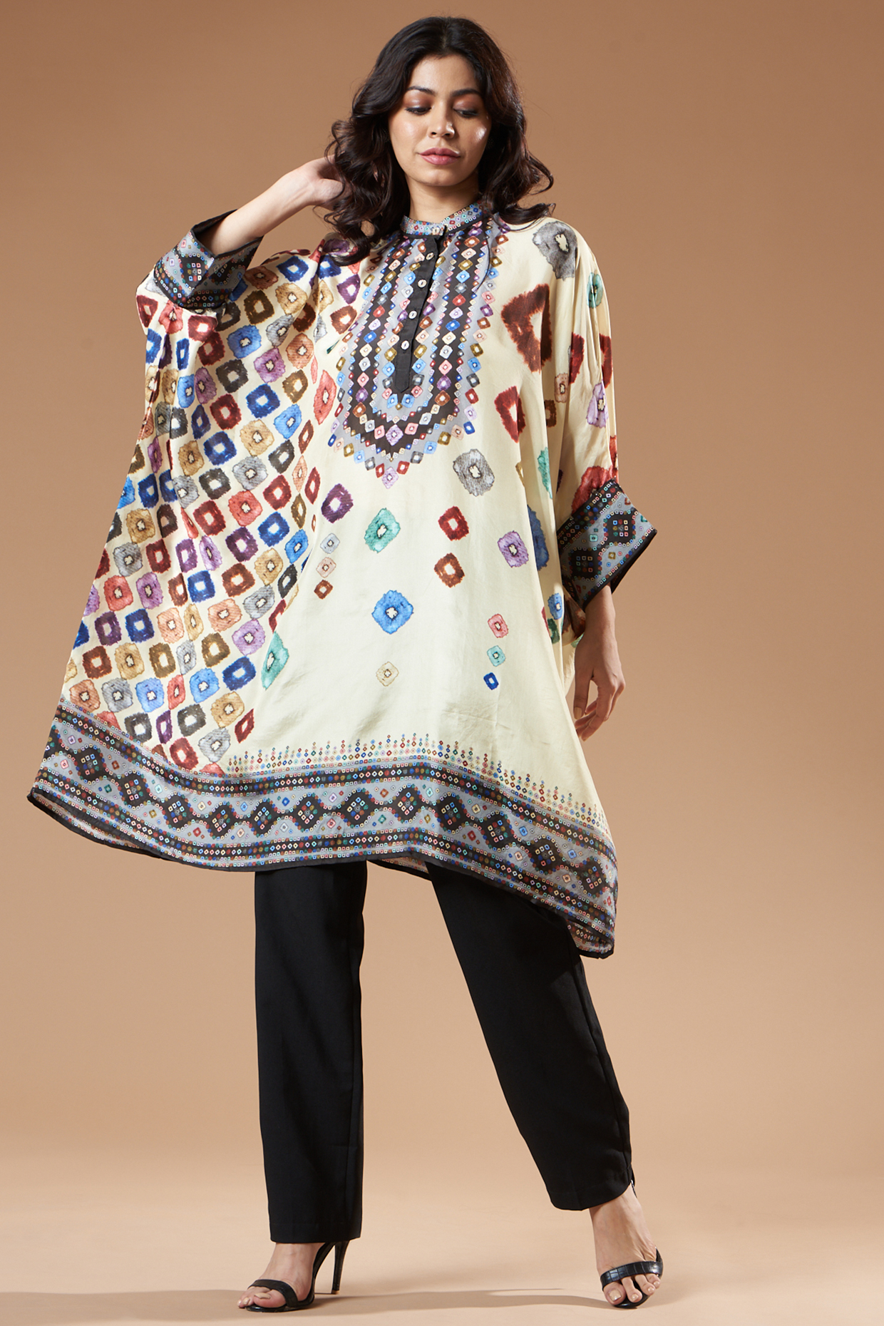 Lemon Yellow Silk Abstract Printed Tunic by Rajdeep Ranawat at Pernia's Pop Up Shop