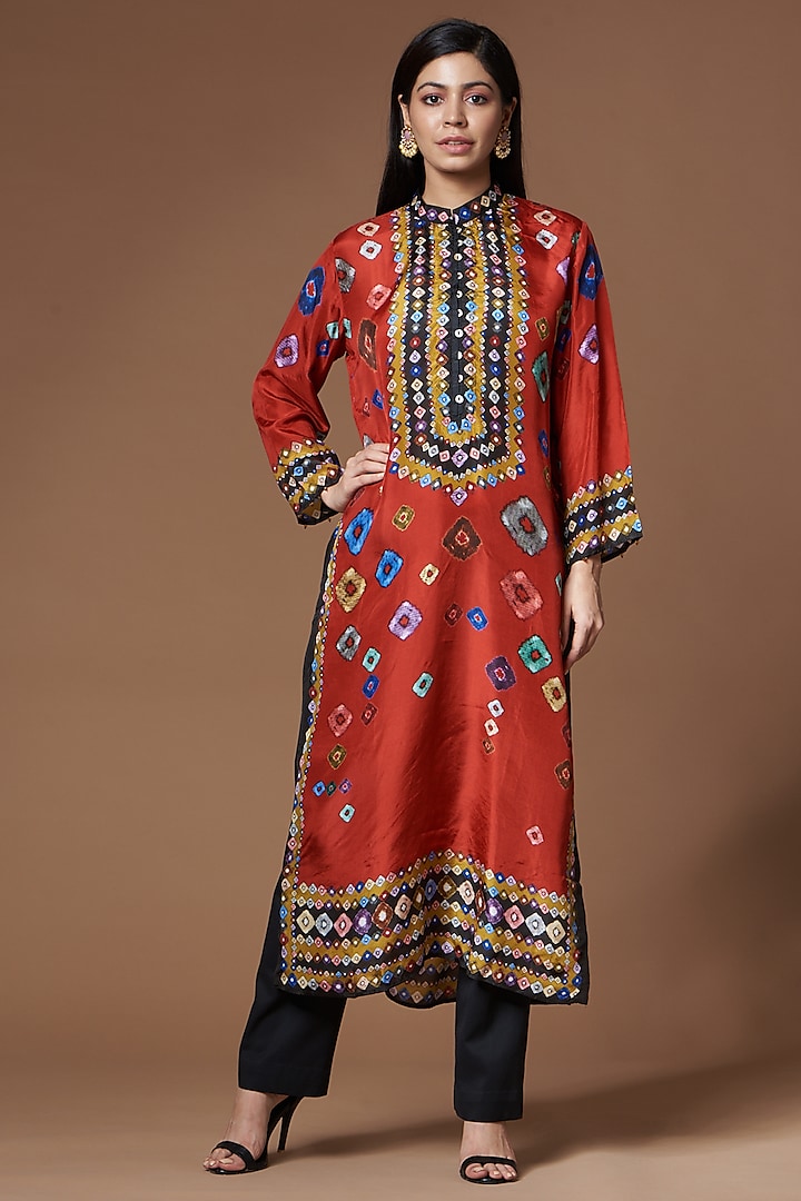Red Silk Printed Tunic by Rajdeep Ranawat