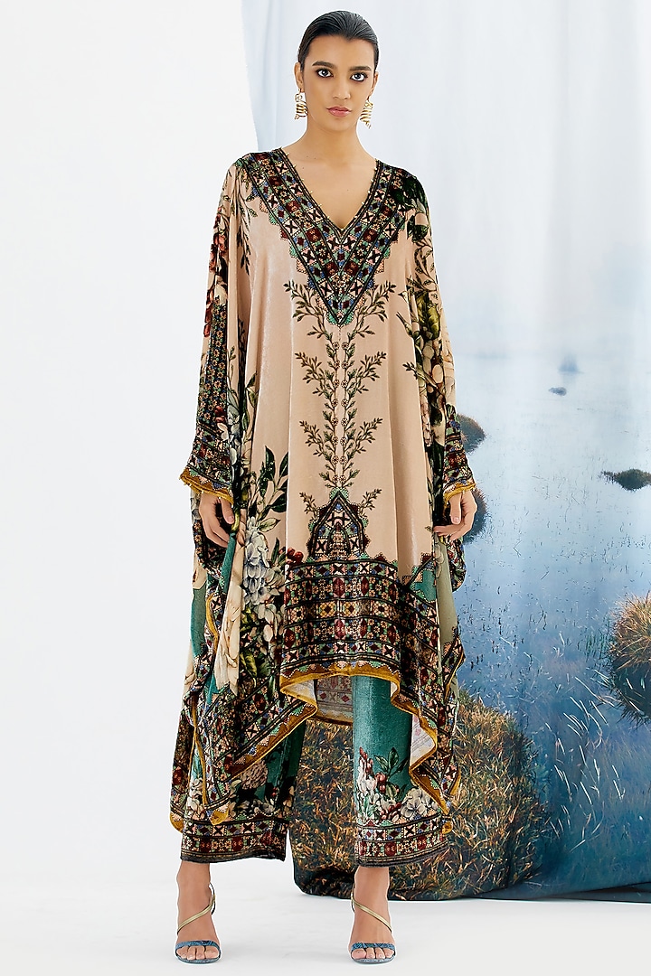 Ivory & Sage Silk Velvet Kaftan Dress by Rajdeep Ranawat