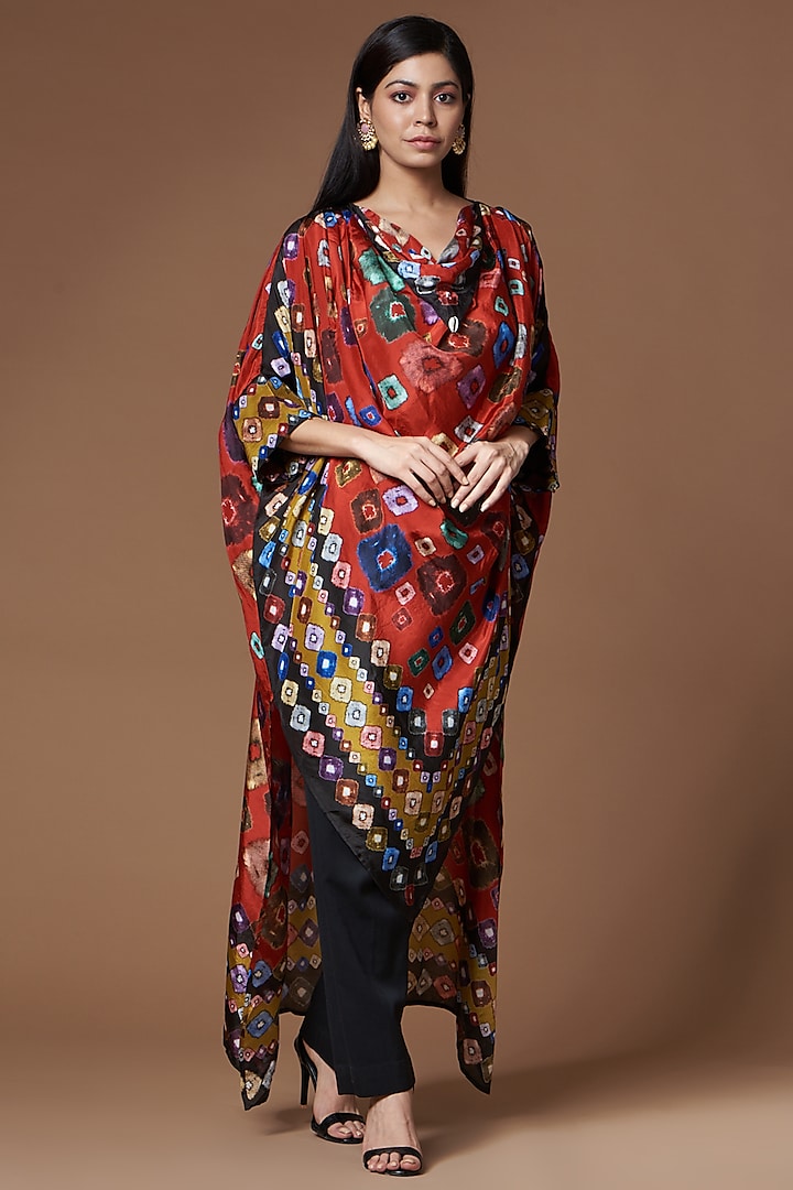 Red Abstract Printed Kaftan by Rajdeep Ranawat