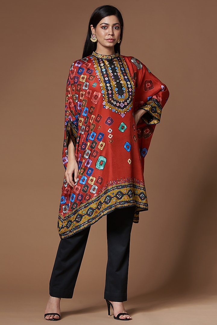 Red Printed Tunic in Silk by Rajdeep Ranawat
