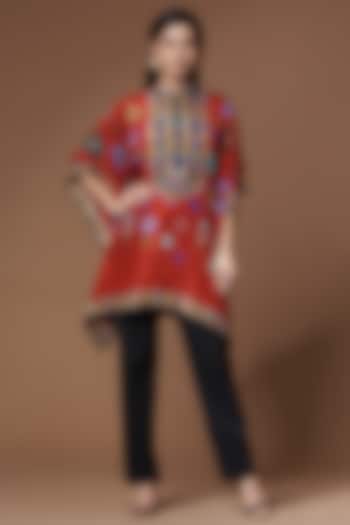 Red Abstract Printed Tunic in Silk by Rajdeep Ranawat