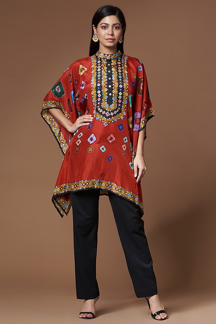 Red Abstract Printed Tunic in Silk by Rajdeep Ranawat
