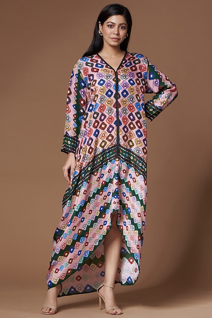 Pink Silk Abstract Printed Kaftan by Rajdeep Ranawat at Pernia's Pop Up Shop