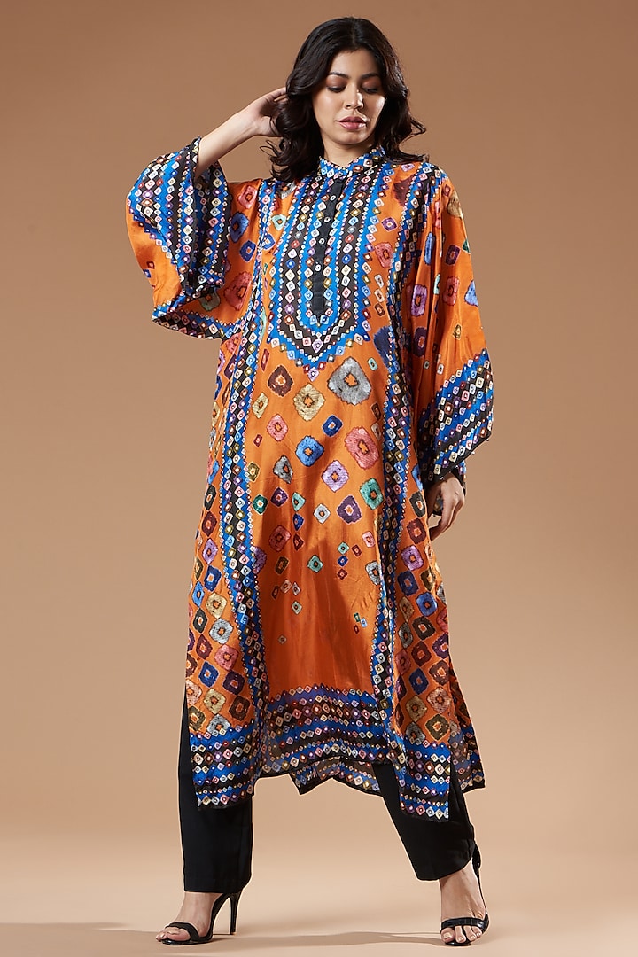 Orange Abstract Printed Kaftan in Silk by Rajdeep Ranawat