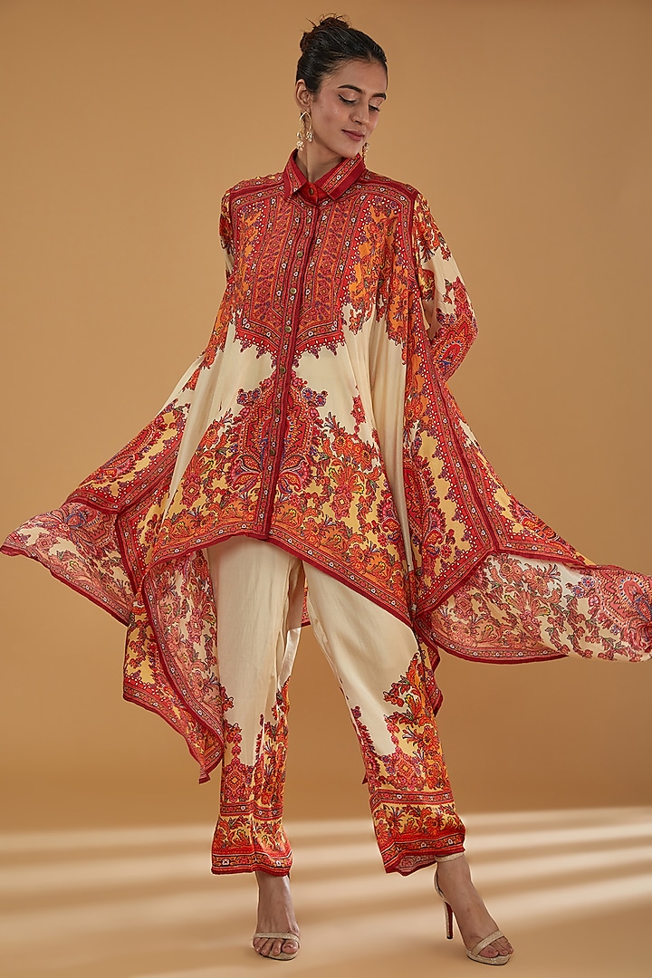 Orange Modal Satin Printed Palazzo Pant Set by Rajdeep Ranawat at Pernia's Pop Up Shop