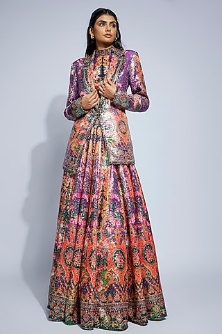 Purple Sequins Printed Jacket Lehenga Set by Rajdeep Ranawat
