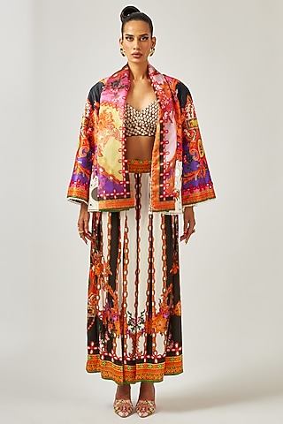 Multi-Colored Dupion Printed Jacket Set by Rajdeep Ranawat