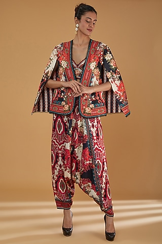 Red Silk Dupion Printed Jacket Set by Rajdeep Ranawat