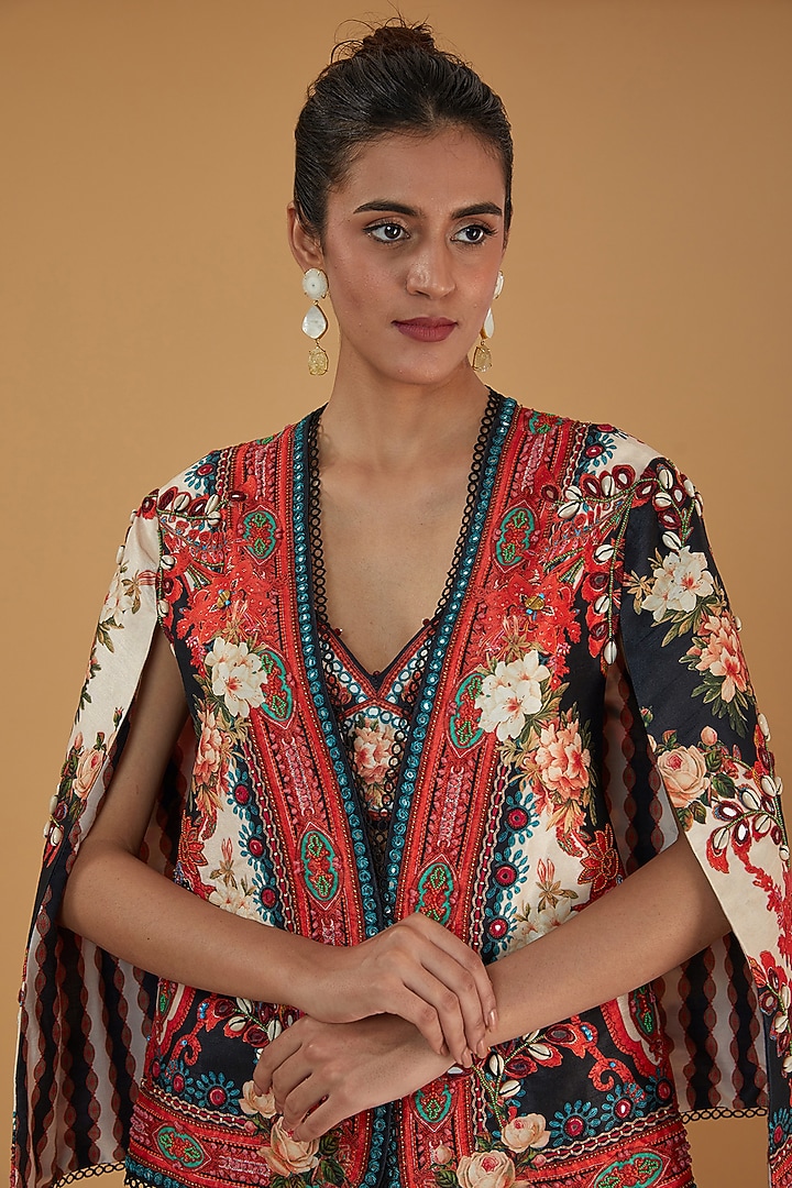 Red Silk Dupion Printed Jacket Set by Rajdeep Ranawat at Pernia's Pop Up Shop