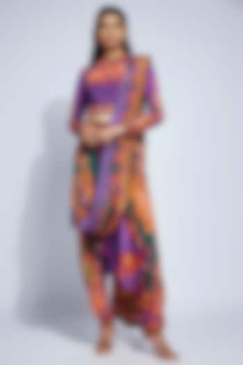 Purple Silk Printed Draped Pant Saree Set by Rajdeep Ranawat