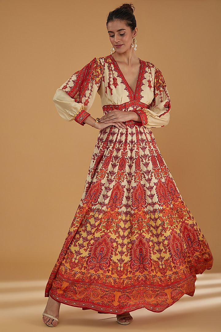 Orange Silk Printed Maxi Dress by Rajdeep Ranawat