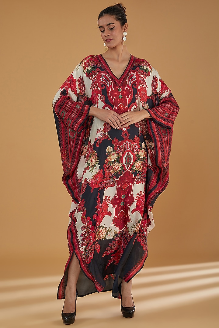 Red Silk Printed Kaftan by Rajdeep Ranawat at Pernia's Pop Up Shop