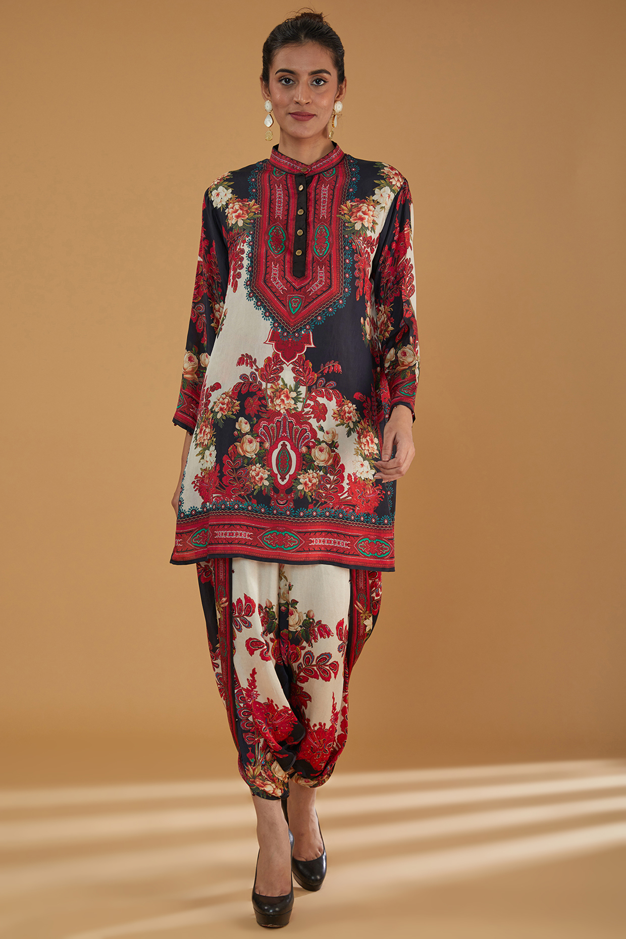 Red Modal Satin Printed Dhoti Set by Rajdeep Ranawat at Pernia's Pop Up Shop