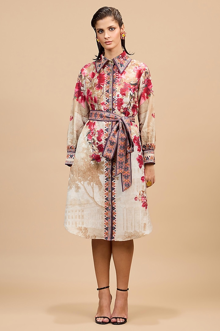 Beige & Red Cotton Linen Printed Shirt Cocktail Dress by Rajdeep Ranawat at Pernia's Pop Up Shop