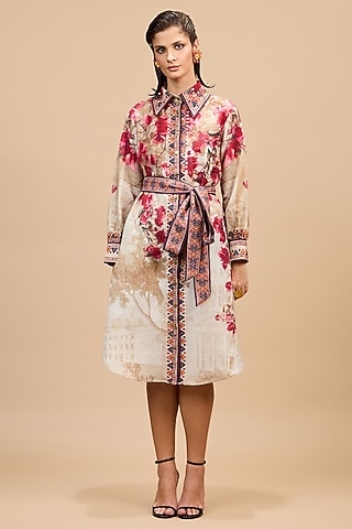 Beige & Red Cotton Linen Printed Shirt Dress by Rajdeep Ranawat