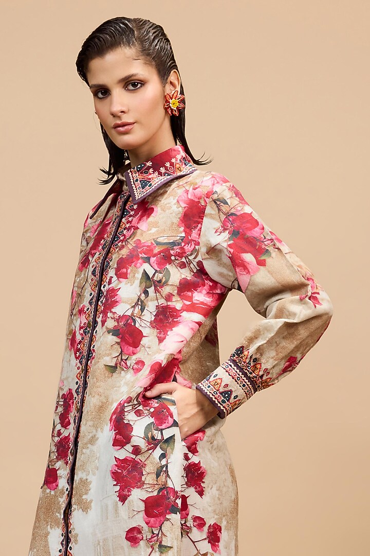 Beige & Red Cotton Linen Printed Shirt Cocktail Dress by Rajdeep Ranawat at Pernia's Pop Up Shop