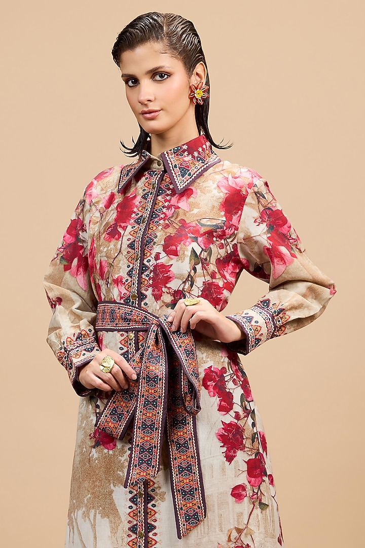Beige & Red Cotton Linen Printed Shirt Cocktail Dress by Rajdeep Ranawat at Pernia's Pop Up Shop