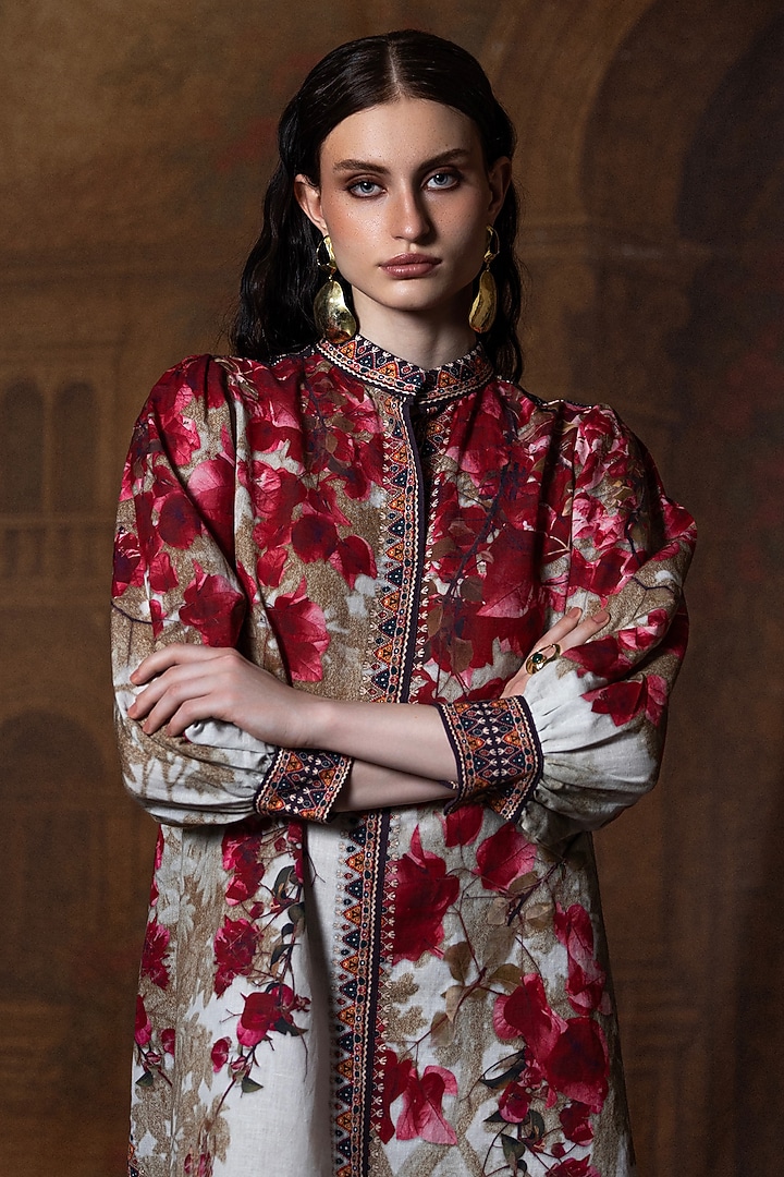 Beige & Red Cotton Linen Printed A-Line Vacation Dress by Rajdeep Ranawat at Pernia's Pop Up Shop