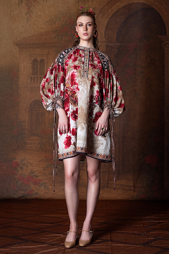 Beige & Red Cotton Linen Printed Short Kaftan by Rajdeep Ranawat at Pernia's Pop Up Shop