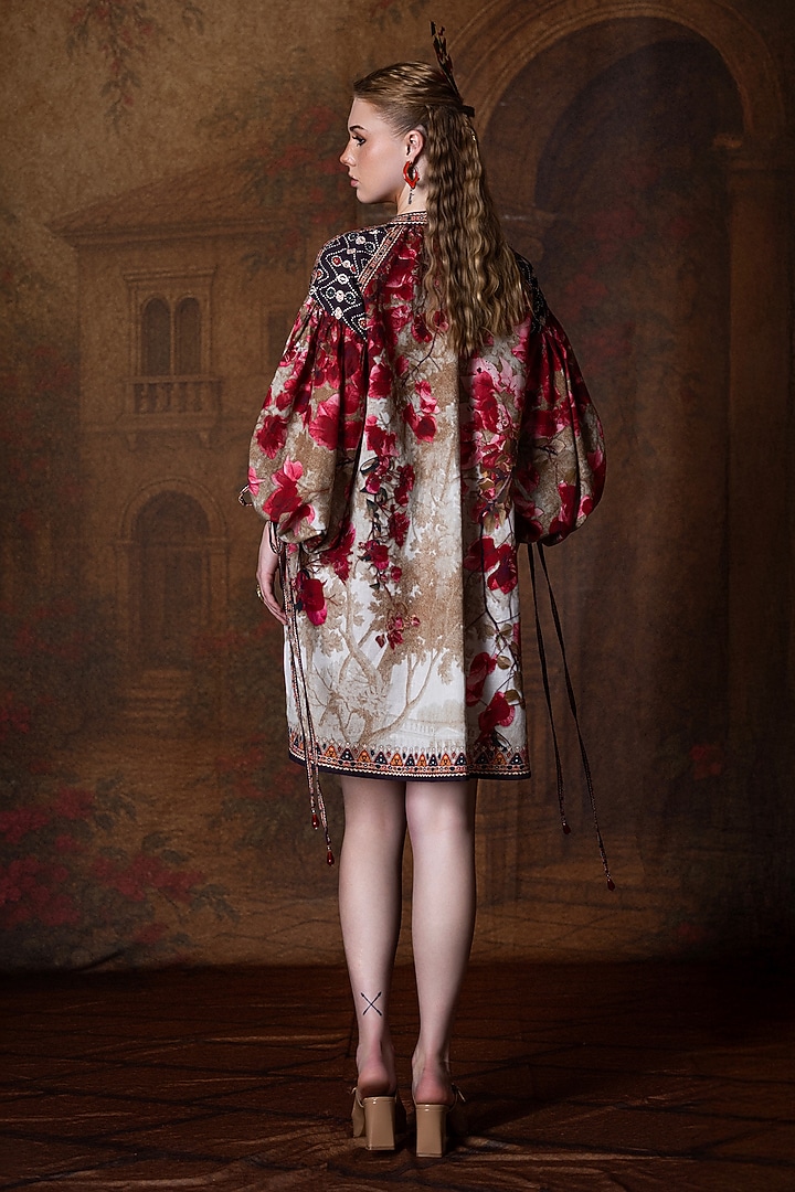 Beige & Red Cotton Linen Printed Short Kaftan by Rajdeep Ranawat at Pernia's Pop Up Shop