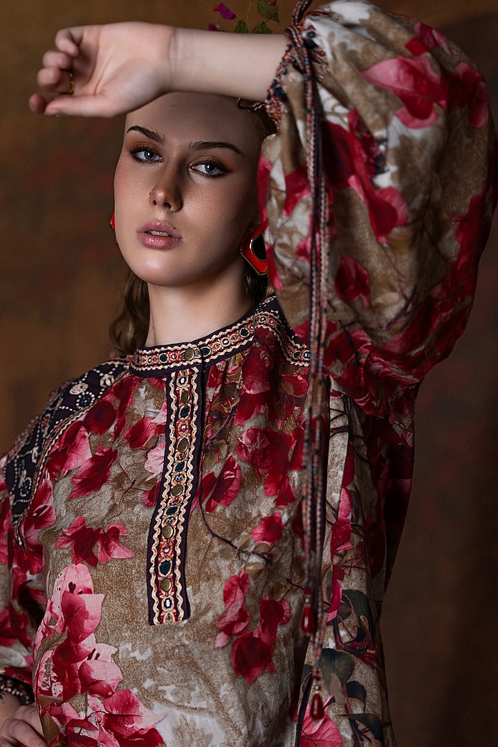 Beige & Red Cotton Linen Printed Short Kaftan by Rajdeep Ranawat at Pernia's Pop Up Shop