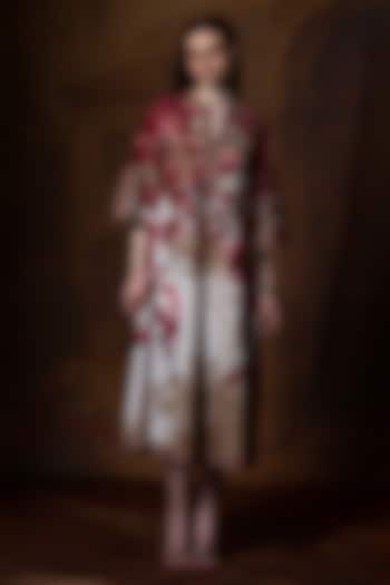 Beige & Red Cotton Linen Printed A-Line Kaftan by Rajdeep Ranawat at Pernia's Pop Up Shop
