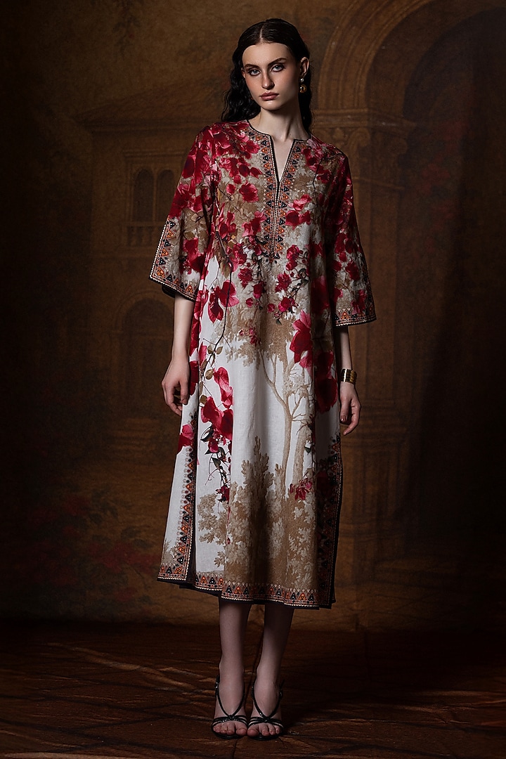 Beige & Red Cotton Linen Printed A-Line Kaftan by Rajdeep Ranawat at Pernia's Pop Up Shop