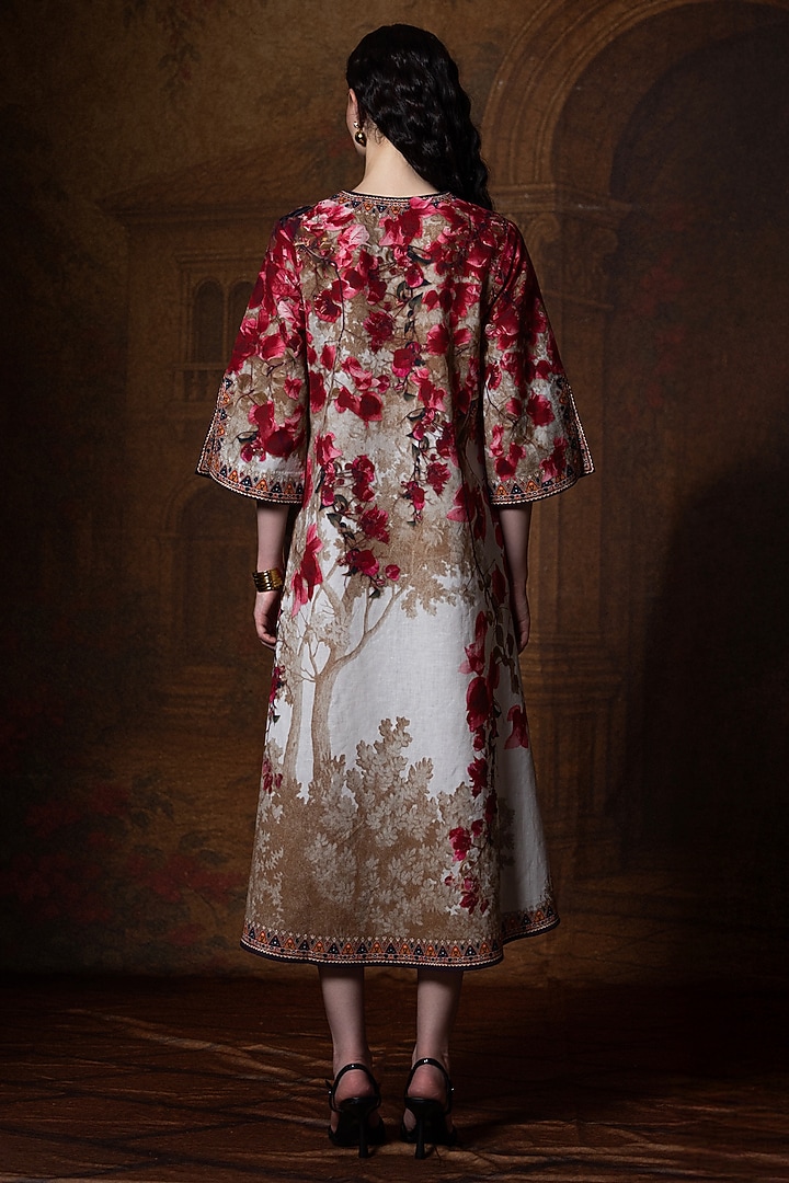 Beige & Red Cotton Linen Printed A-Line Kaftan by Rajdeep Ranawat at Pernia's Pop Up Shop