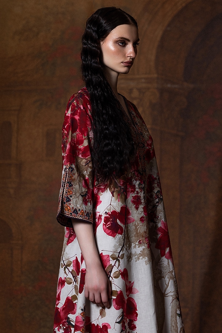 Beige & Red Cotton Linen Printed A-Line Kaftan by Rajdeep Ranawat at Pernia's Pop Up Shop