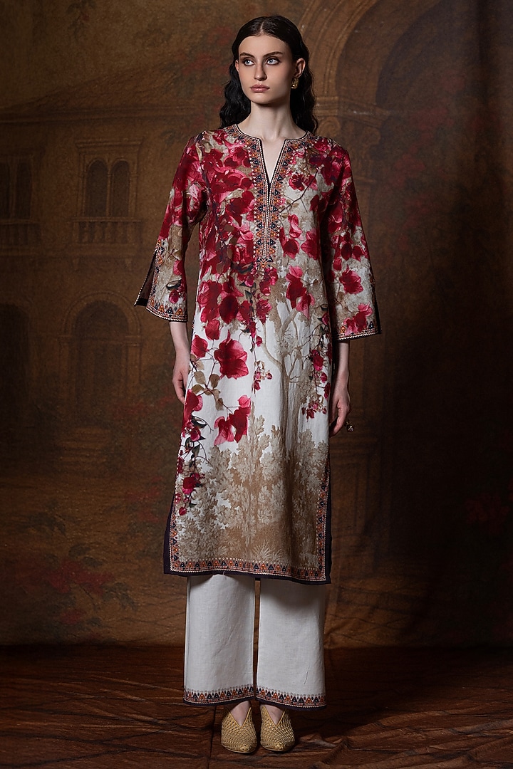 Beige & Red Cotton Linen Printed Kurta by Rajdeep Ranawat at Pernia's Pop Up Shop
