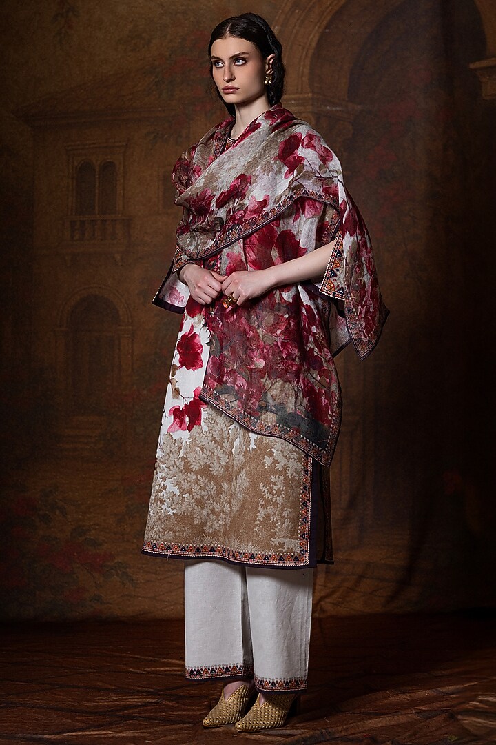 Beige & Red Cotton Linen Printed Dupatta by Rajdeep Ranawat at Pernia's Pop Up Shop