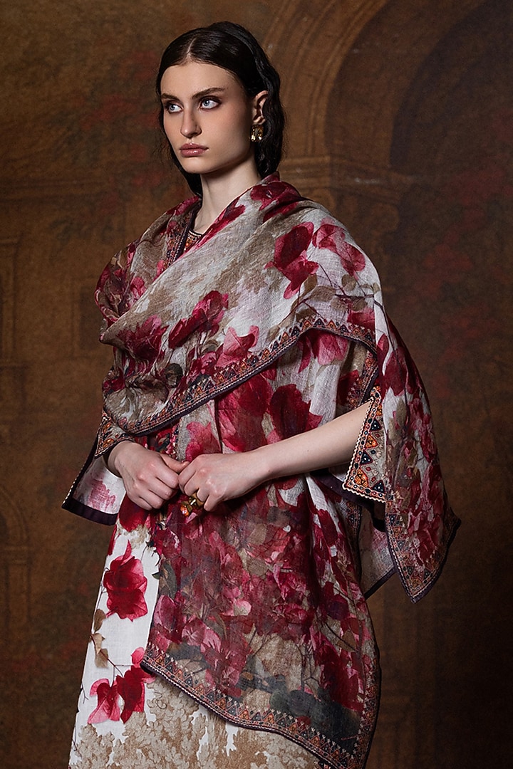 Beige & Red Cotton Linen Printed Dupatta by Rajdeep Ranawat at Pernia's Pop Up Shop