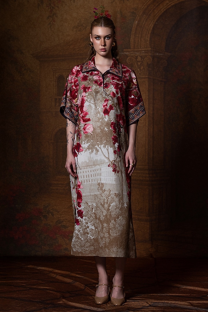 Beige & Red Cotton Linen Printed Kaftan by Rajdeep Ranawat at Pernia's Pop Up Shop