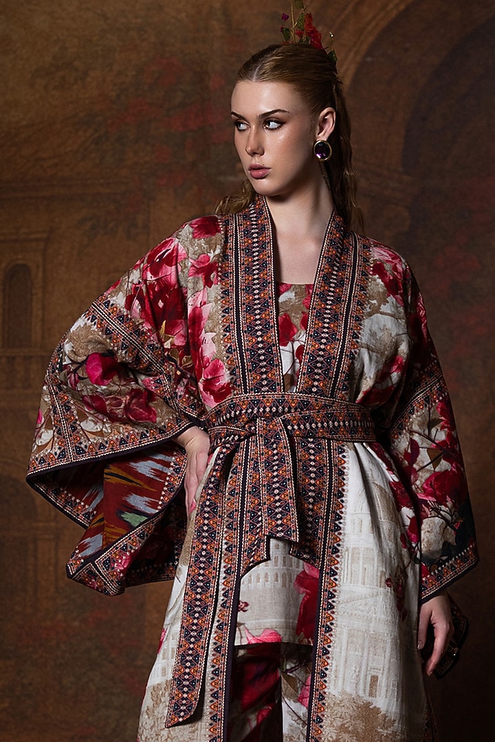 Beige & Red Cotton Linen Printed Kimono With Belt by Rajdeep Ranawat at Pernia's Pop Up Shop