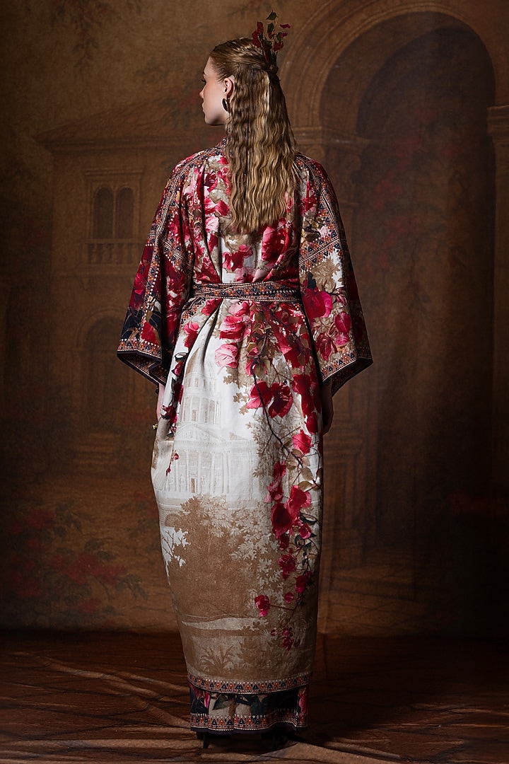Beige & Red Cotton Linen Printed Kimono With Belt by Rajdeep Ranawat at Pernia's Pop Up Shop
