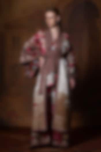 Beige & Red Cotton Linen Printed Kimono With Belt by Rajdeep Ranawat at Pernia's Pop Up Shop