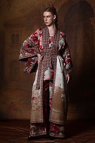 Beige & Red Cotton Linen Printed Kimono With Belt by Rajdeep Ranawat