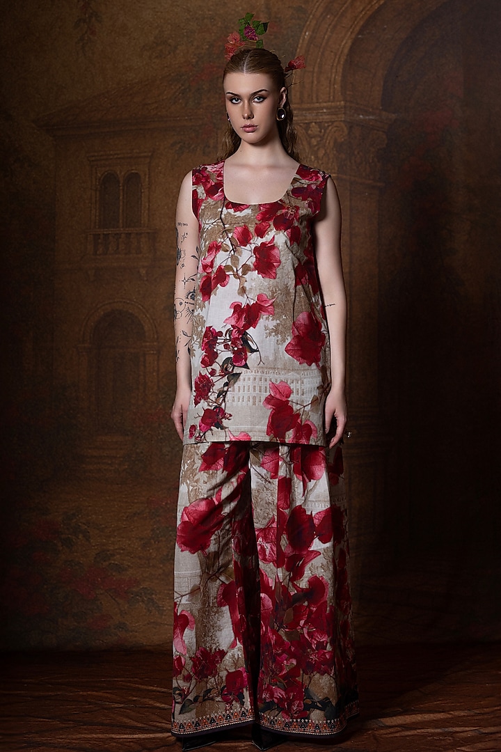 Beige & Red Cotton Linen Printed Camisole by Rajdeep Ranawat at Pernia's Pop Up Shop