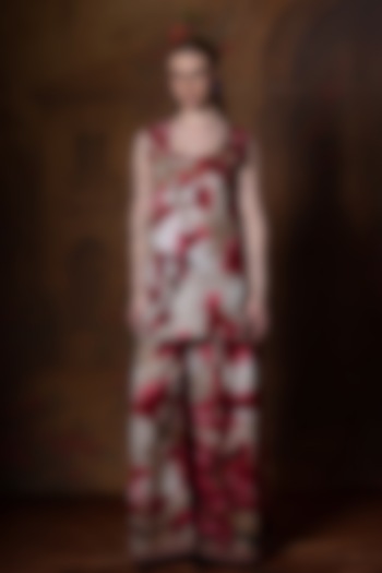 Beige & Red Cotton Linen Printed Pant by Rajdeep Ranawat at Pernia's Pop Up Shop
