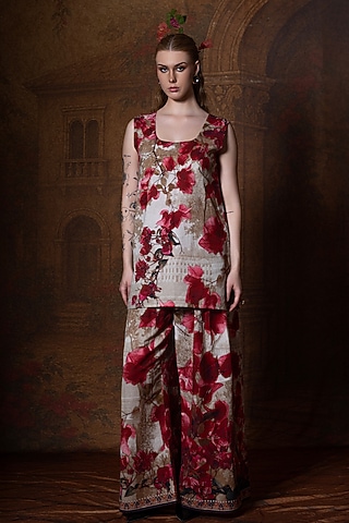 Beige & Red Cotton Linen Printed Pant by Rajdeep Ranawat