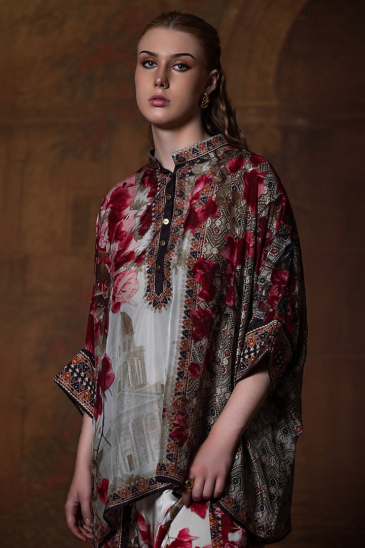 Beige & Red Silk Printed Tunic by Rajdeep Ranawat at Pernia's Pop Up Shop