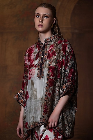 Beige & Red Silk Printed Tunic by Rajdeep Ranawat