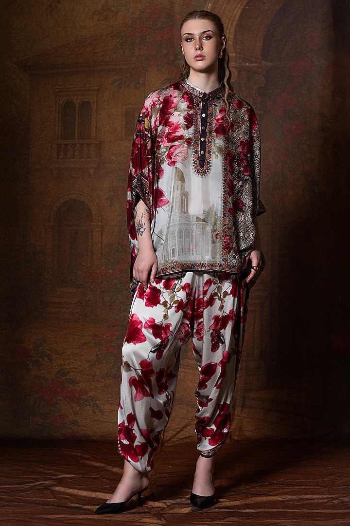Beige & Red Silk Printed Tunic by Rajdeep Ranawat at Pernia's Pop Up Shop