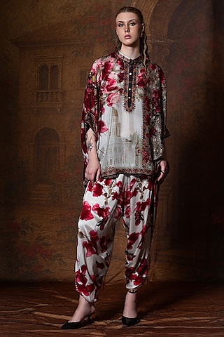 Beige & Red Modal Satin Printed Dhoti Pant by Rajdeep Ranawat